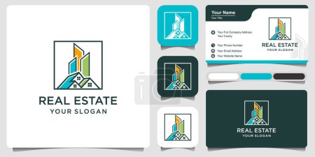 Illustration for Abstract city building logo design concept with business card. home, Residential, apartment and city landscape icon symbol. - Royalty Free Image