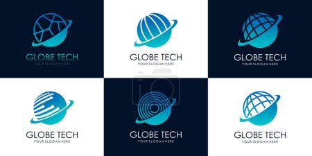 Téléchargez les illustrations : Ensemble de modèle de conception de logo de technologie mondiale - en licence libre de droit