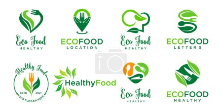 Ilustración de Logo de alimentos ecológicos. Icono de comida ecológica. Icono de dieta. Diseño del logotipo del icono de alimentos verdes vector - Imagen libre de derechos