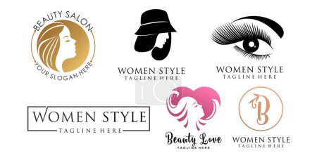 Illustration for Woman hair style stylized silhouette icon set, beauty salon logo template - Royalty Free Image