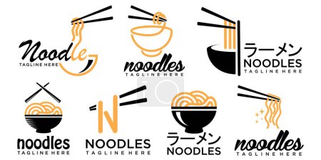 Téléchargez les illustrations : Nouilles avec baguette logo icône set design pour une entreprise de restauration asiatique - en licence libre de droit