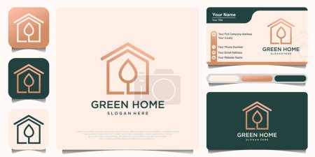 Téléchargez les illustrations : Maison plate verte avec feuille verte à l'intérieur modèle de conception de logo - en licence libre de droit