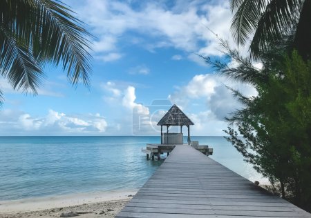 Photo for Wooden gazebo on lonley tropical beach pier. Exotic island with coconut palm tree branch and sand shore. Summer landscape, vacation, holidays, travel concept. Summer background. - Royalty Free Image