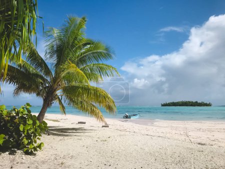 Foto de Isla Tikehau playa de agua cristalina de mar, cielo azul y palmeras en la orilla de arena blanca. Paisaje tropical perfecto. Naturaleza virgen escena de playa tropical. Vacaciones de verano, viajes, vacaciones en Polinesia - Imagen libre de derechos