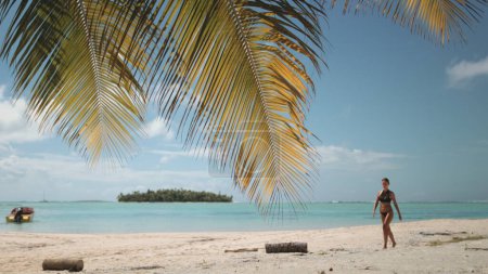 Frauen spazieren unter Palmen am tropischen Strand, klarem blauen Himmel und, kristallklarem Wasser, einer kleinen Insel. Ruhige See, weißer Sand, friedliche Szenerie. Touristin im Sommerurlaub. Lifestyle-Urlaubskonzept