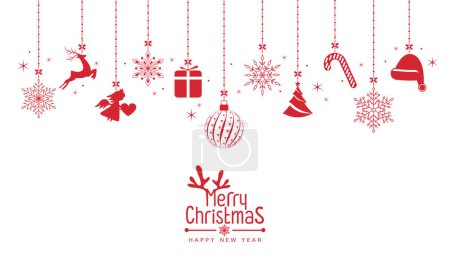 Illustration for Christmas background with Christmas red balls, snowflakes, reindeer, gift box, tree, on white background - Royalty Free Image