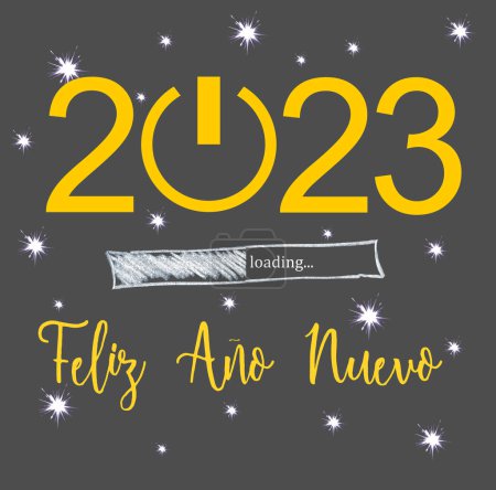 Foto de Tarjeta de deseos cuadrada 2023 escrita en español con muchas estrellas sobre un fondo gris - "Feliz ano nuevo" significa "Feliz Año Nuevo celebraciones" - Imagen libre de derechos