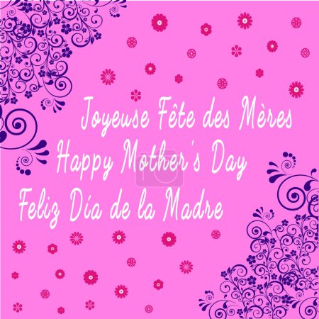 Photo for Pink square card for Mother's Day written in 3 languages (french, english, spanish) with flowers and arabesque - Royalty Free Image