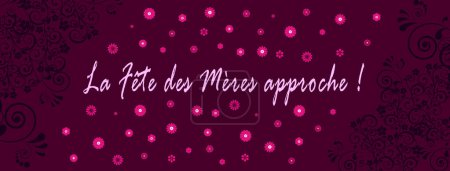 Photo for Purple card for Mother's Day coming soon written in french in pink font with pink flowers and dark arabesque - Royalty Free Image