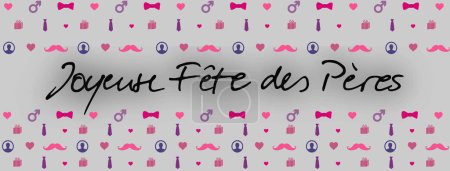 Téléchargez les photos : Carte grise pour la fête des pères avec beaucoup de symboles roses, mauves et violets (coeur, moustache, cravate, noeud papillon, coffret cadeau...) avec l'inscription "happy pere's day" en français - en image libre de droit