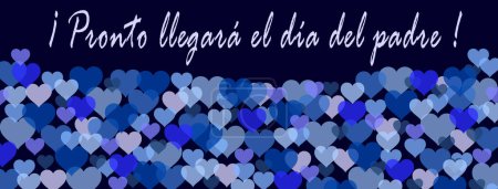 Foto de Tarjeta azul marino para el Día del Padre en español con muchos corazones azules y blancos - "Pronto llegara el día del padre" significa "Día del Padre próximamente" - Imagen libre de derechos