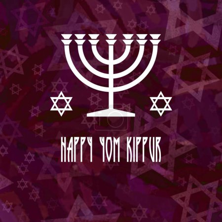 Photo for Square wish card Happy Yom Kippur written in English with a white candlestick menorah and 2 crosses of David on a purple background with David's cross patterns - Royalty Free Image