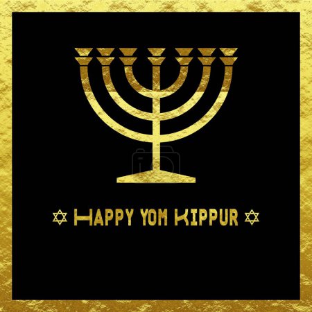 Téléchargez les photos : Carte Golden Wish Happy Yom Kippour écrite en anglais avec 2 croix de David et un chandelier menorah sur un cadre noir - en image libre de droit