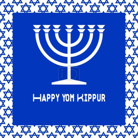 Photo for Wish card Happy Yom Kippur written in English with a white candlestick menorah on a background of blue crosses of David - Royalty Free Image