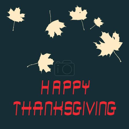Téléchargez les photos : Carte de vœux carrée verte pour Happy ThanksGiving écrite en anglais en rouge avec beaucoup de feuilles d'érable beige - en image libre de droit