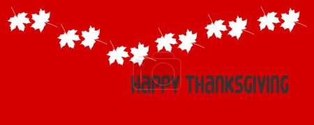 Téléchargez les photos : Carte de vœux rouge pour Happy ThanksGiving écrite en anglais en noir avec beaucoup de feuilles d'érable blanches - en image libre de droit