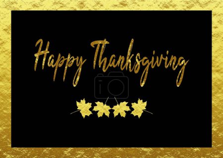 Téléchargez les photos : Carte de voeux Happy ThanksGiving en anglais noir et or avec 4 feuilles d'érable - en image libre de droit