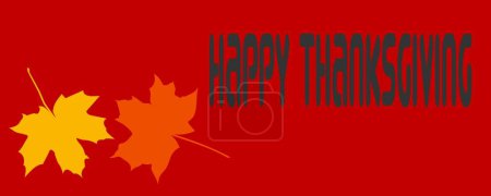 Téléchargez les photos : Carte de voeux rouge pour Happy ThanksGiving écrite en anglais en gris avec 2 feuilles d'érable jaunes et orange - en image libre de droit
