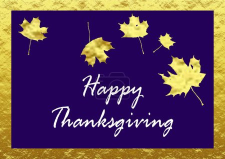 Téléchargez les photos : Carte de vœux Happy ThanksGiving en anglais violet et or avec des feuilles d'érable - en image libre de droit