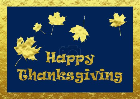 Téléchargez les photos : Carte de voeux bleue et or pour Happy ThanksGiving écrite en anglais avec des feuilles d'érable - en image libre de droit