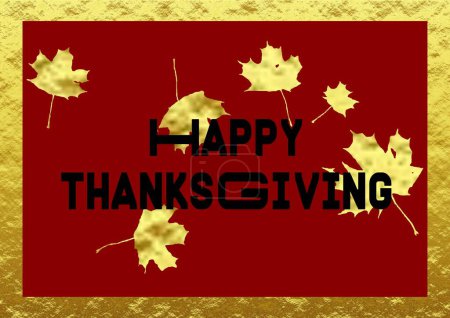 Téléchargez les photos : Carte de vœux rouge et or pour Happy ThanksGiving écrite en anglais en noir avec des feuilles d'érable - en image libre de droit