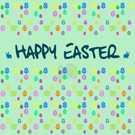 Grünes Quadrat Frohe Ostern Karte mit Hasen, Eiern, Schmetterlingen und Blumen