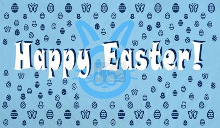 Blue square Happy Easter card with a big rabbit head and midnight blue eggs and butterflies