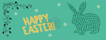 Green Happy Easter banner with bunnies, butterflies, eggs and arabesque 