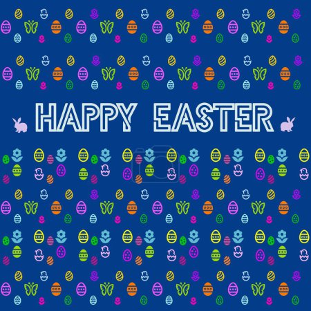 Blue square Happy Easter card with bunnies, eggs, butterflies and flowers