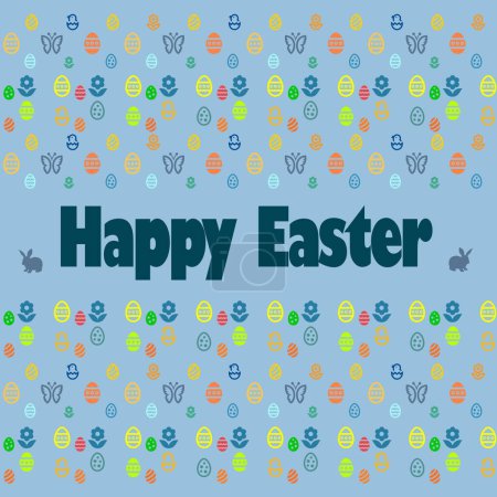 Hellblaues Quadrat Frohe Ostern mit Hasen, Eiern, Schmetterlingen