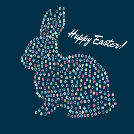 Midnight blue square bunny Happy Easter card with multicolor pastel eggs