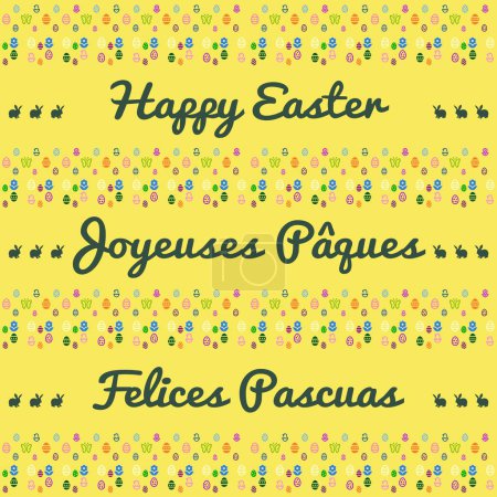 Gelbe quadratische Osterkarte mit Hasen, Eiern, Schmetterlingen, Blumen in 3 Sprachen (Englisch, Französisch, Spanisch) - "joyeuses Pques", Felices Pascuas "bedeutet" Frohe Ostern ""
