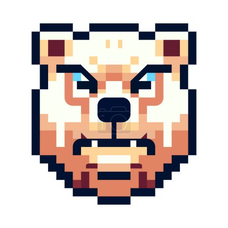 Pixel icon with a portrait of a brown bear that is angry and growls on a white background.
