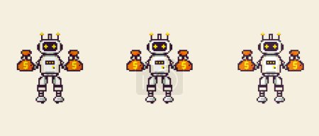 Pixel-Symbol mit einem Roboter, der Gold in den Händen auf weißem Hintergrund hält.