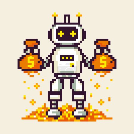 Pixel-Symbol mit einem Roboter, der Gold in den Händen hält, er steht auf Gold auf weißem Hintergrund.