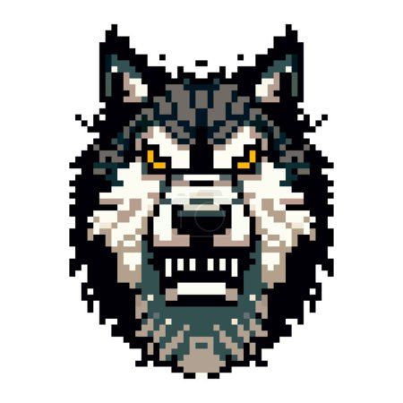 Pixel icon with a portrait of a gray wolf that is angry on a white background.