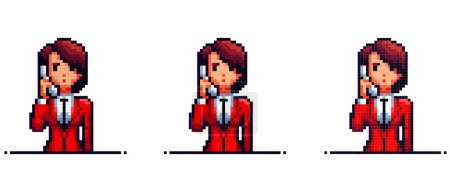 Foto de Pixel Art Carácter que sostiene el teléfono con traje rojo con corbata, Trabajador de oficina. - Imagen libre de derechos