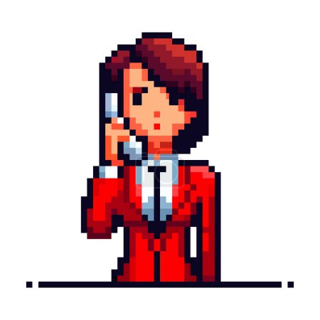 Photo for Pixel Art Character Holding Phone Wearing Red Suit with Tie, Office Worker. - Royalty Free Image
