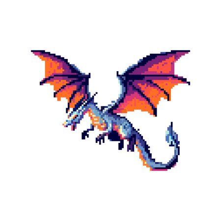 Pixeldrache mit blauem Körper und Flügeln.