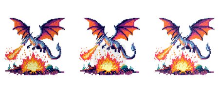 A pixelated dragon breathing fire, with a blue body and wings, destroyed the city.