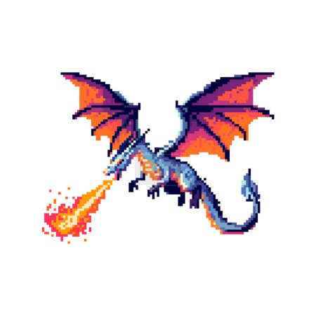 Pixel dragon breathing fire with blue body and wings.