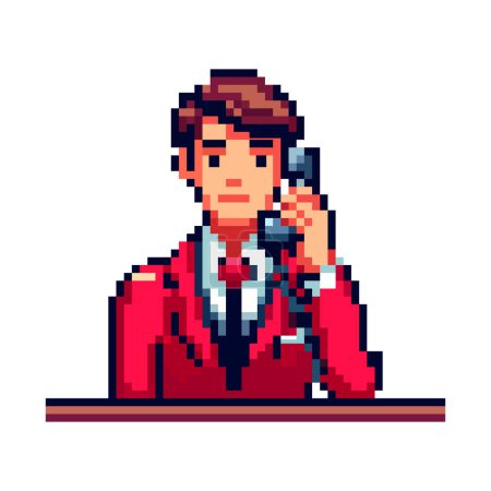 Photo for Pixel Art Character Holding Phone Wearing Red Suit with Tie, Office Worker. - Royalty Free Image