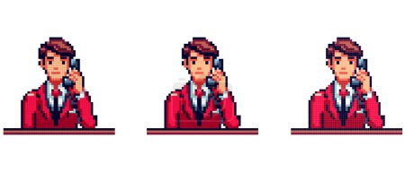 Foto de Pixel Art Carácter que sostiene el teléfono con traje rojo con corbata, Trabajador de oficina. - Imagen libre de derechos