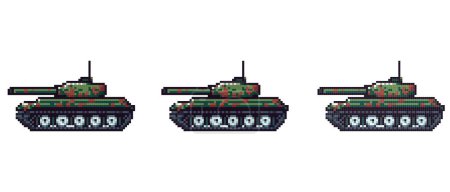 Pixel representación artística de un tanque de camuflaje verde con un cañón grande y pisadas detalladas sobre un fondo liso.