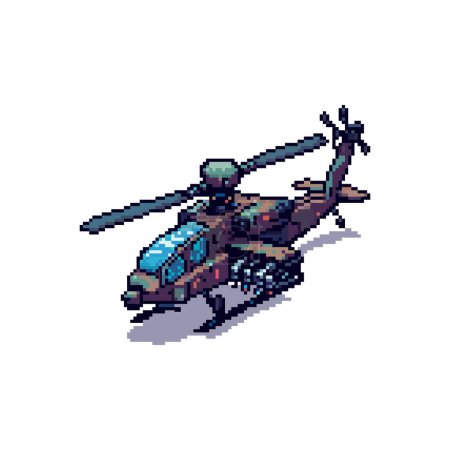 Pixel art hélicoptère militaire couleurs vibrantes détails complexes camouflage mission tactique vol stationnaire ciel clair
