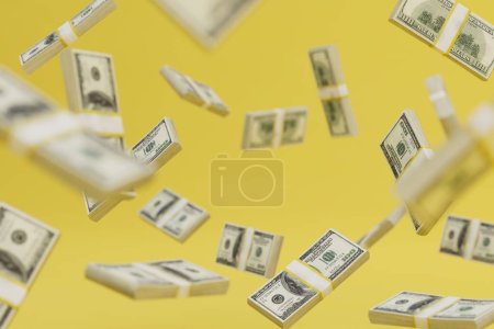 ein abstrakter Hintergrund, bestehend aus Bündeln von Dollarscheinen, die über einen gelben Hintergrund fliegen. 3D-Renderer.