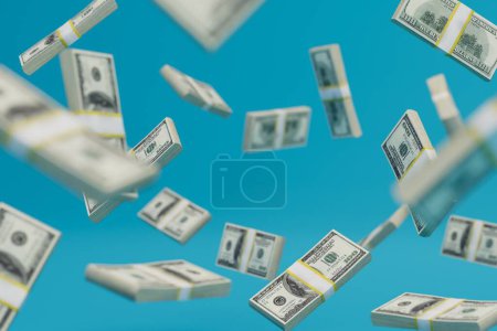 ein abstrakter Hintergrund, bestehend aus Bündeln von Dollarscheinen, die über einen blauen Hintergrund fliegen. 3D-Renderer.