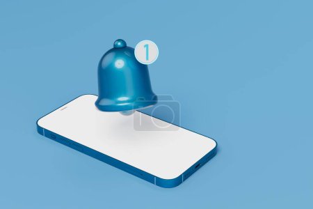 Foto de Nueva notificación en el teléfono inteligente. smartphone y campana con el número 1 sobre fondo azul. Renderizado 3D. - Imagen libre de derechos