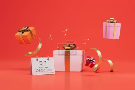 Téléchargez les photos : Cadeaux pour la nouvelle année. calendrier avec l'inscription 31 Décembre et boîtes-cadeaux sur un fond rouge. rendu 3D. - en image libre de droit