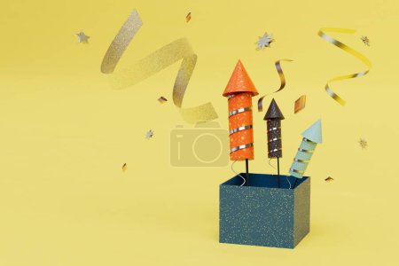 Photo for A big salute for the holiday. box with rockets for fireworks and confetti on a yellow background. 3D render. - Royalty Free Image
